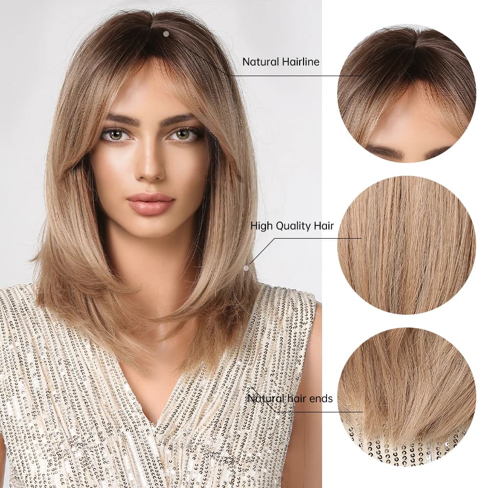 Perruque synthétique courte en couches, brun ombré, longueur moyenne, lisse, aspect naturel, avec fr