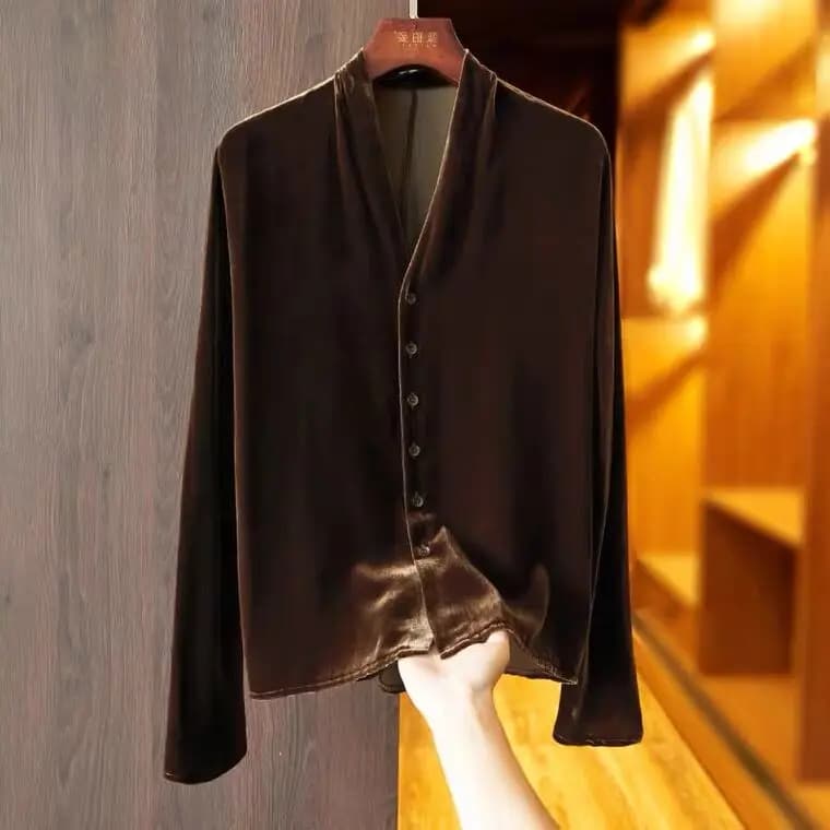 Cardigan à manches longues en velours doré pour femme, grande taille, col en v, boutons, Vintage, él