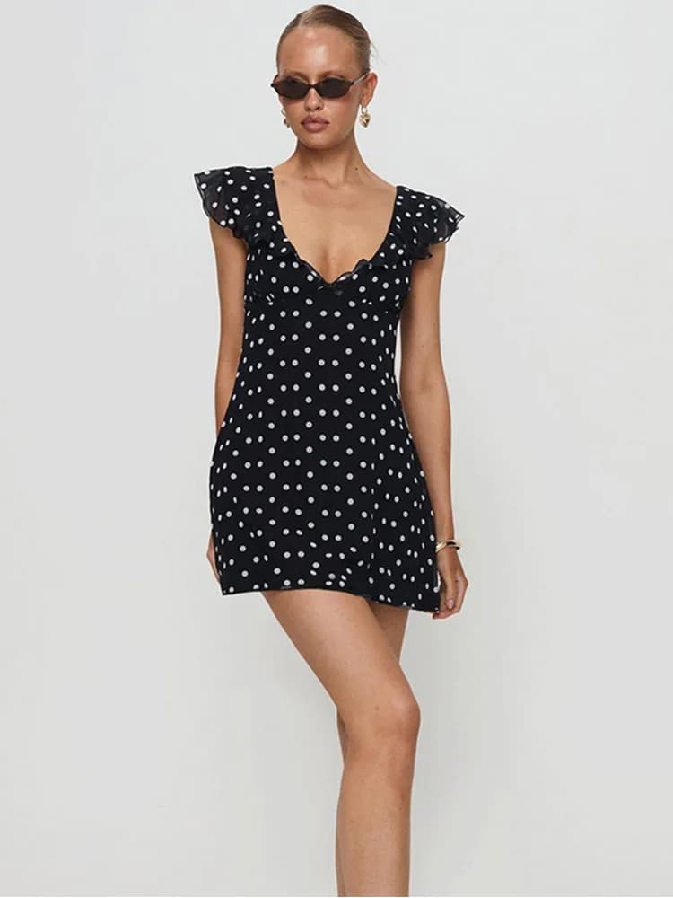 Mini robe trapèze à pois pour femmes, Style français, col en v, robe d'été avec manches volantes, te