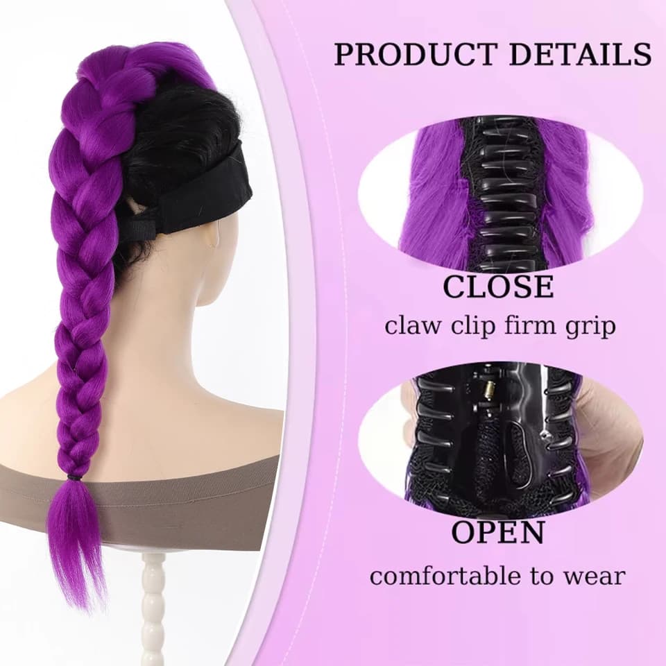 28 pouces cheveux synthétiques longs tressés violet cheveux Extensions de queue de cheval Rumi coiff