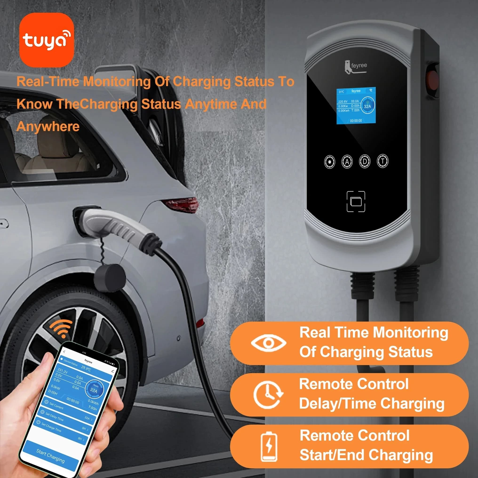 Feyree EV chargeur 32A 7.6KW véhicule électrique chargeur de voiture EVSE Wallbox 11KW 22KW 3 phases