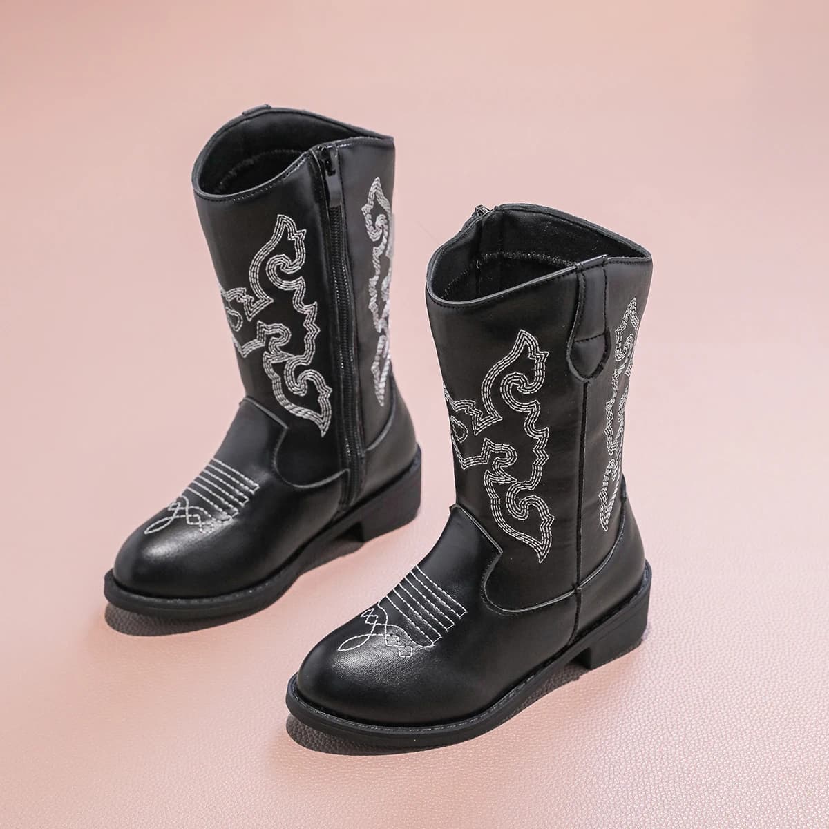 Bottines de Cowboy en PU pour filles, mi-mollet, antidérapantes, fermeture éclair latérale, simples,