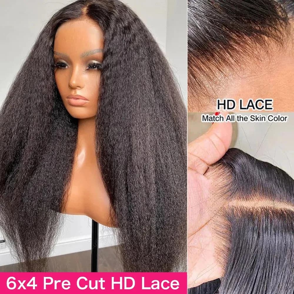Kinky Straight Lace Frmeds Wig, Go Glueless Wig, Yaki Straight Human Hair Wig, Pre Plucked, 6x4 HD L