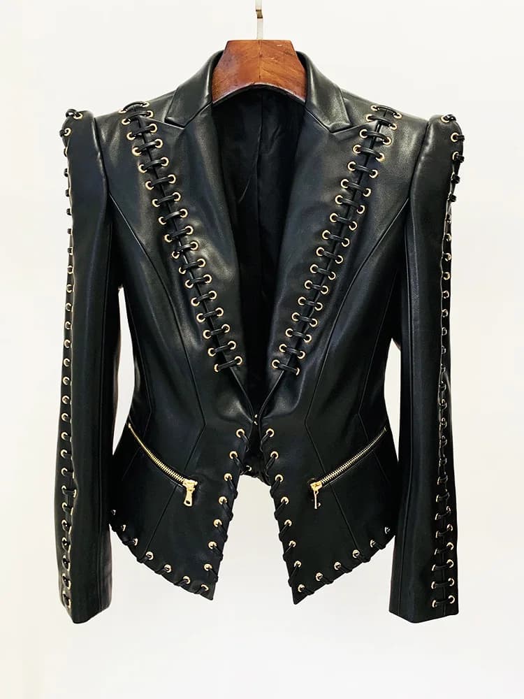 Veste de créateur tendance de haute qualité 2026, veste en cuir ajustée à lacets pour femmes