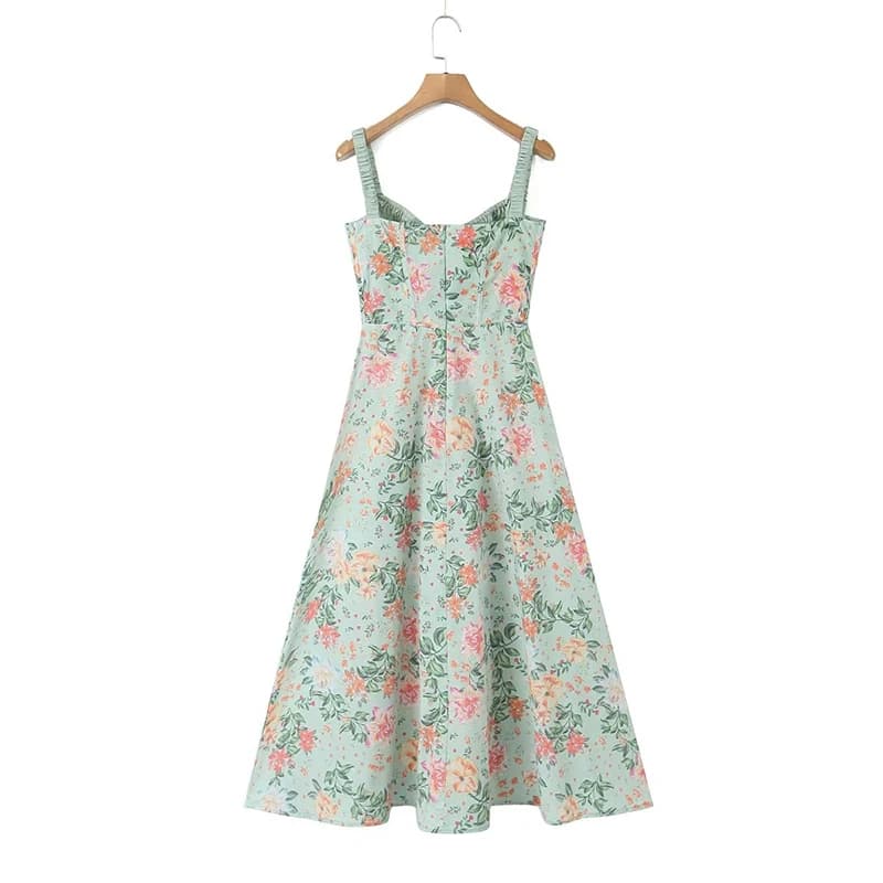 YENKYE-Robe mi-longue à imprimé floral de style français pour femmes, robe à bretelles A-ligne, fent