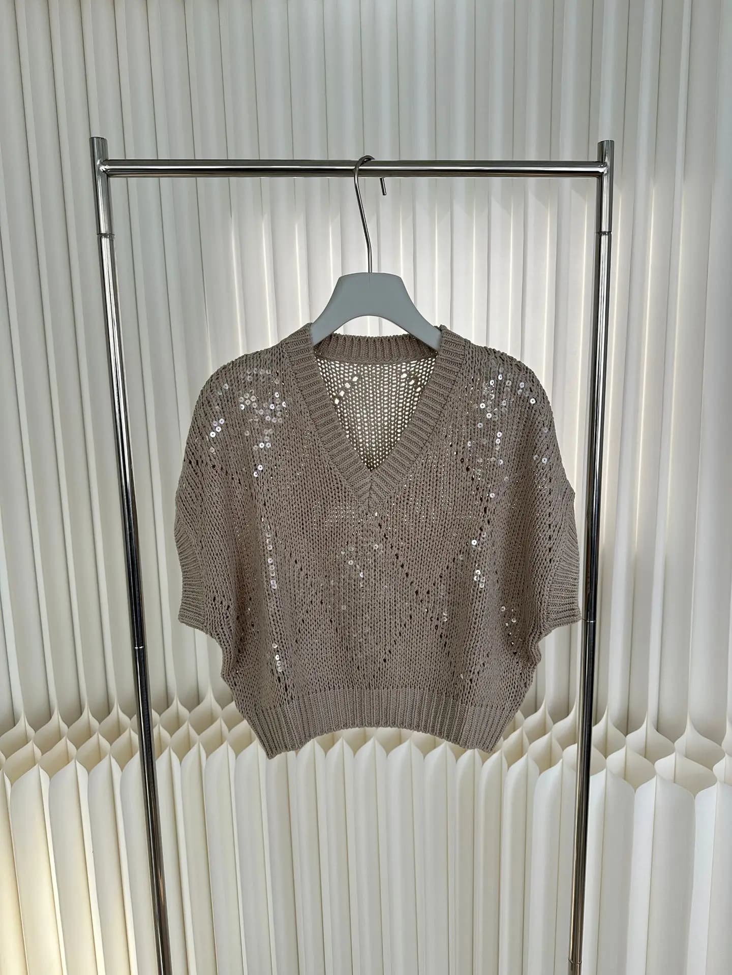 Pull tricoté léger de luxe pour femmes, grille de diamant creuse, paillettes brodées, manches chauve