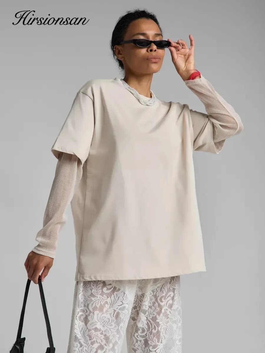 Hirsionsan coton t-shirt femmes 2024 été surdimensionné brillant soie Patchwork à manches longues t-
