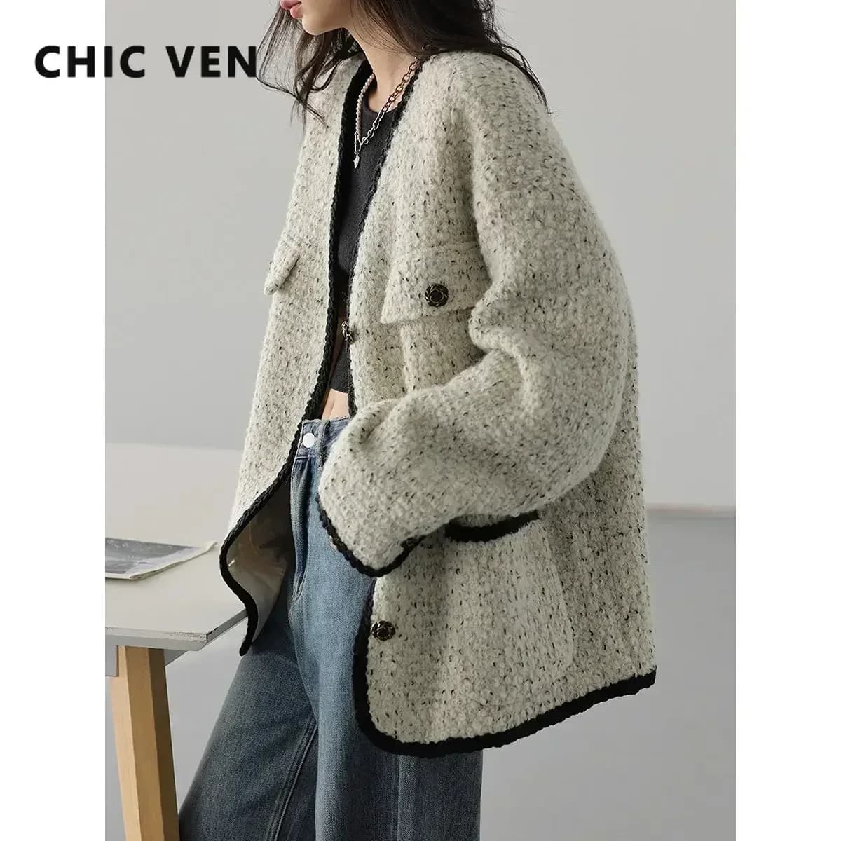 CHIC VEN-Manteau en laine vintage pour femme, veste en duvet, col en V, rapIndustry, automne, hiver,