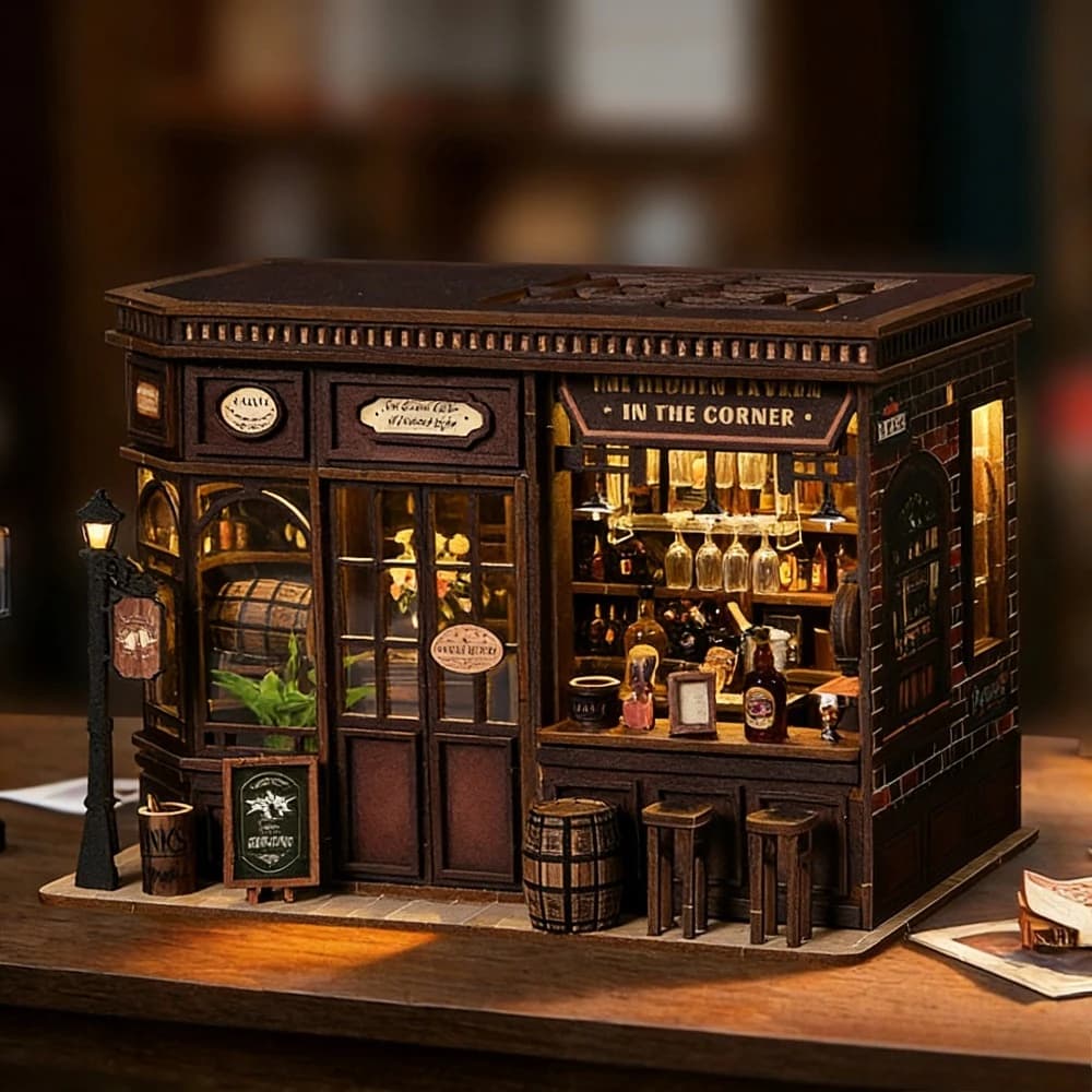Kit de maison de poupée DIY Corner Pub, modèle miniature 3D en bois, ensemble de construction créati