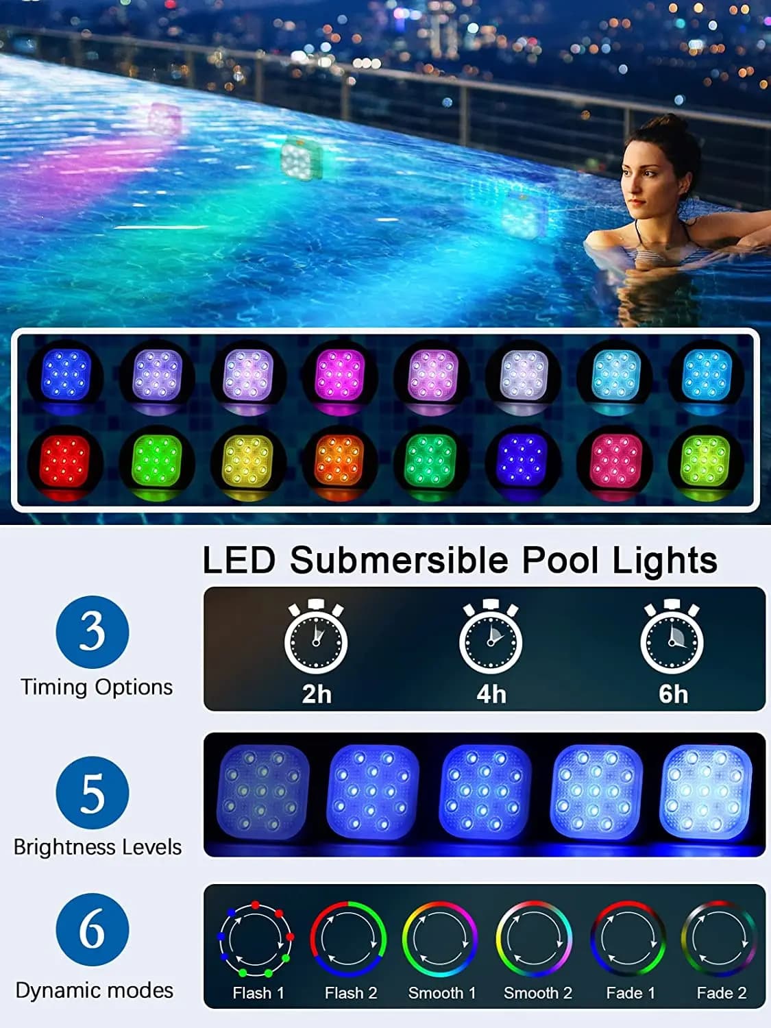 Lampe de piscine LED SubSN aste avec télécommande, lumière sous-marine avec minuterie et changement 
