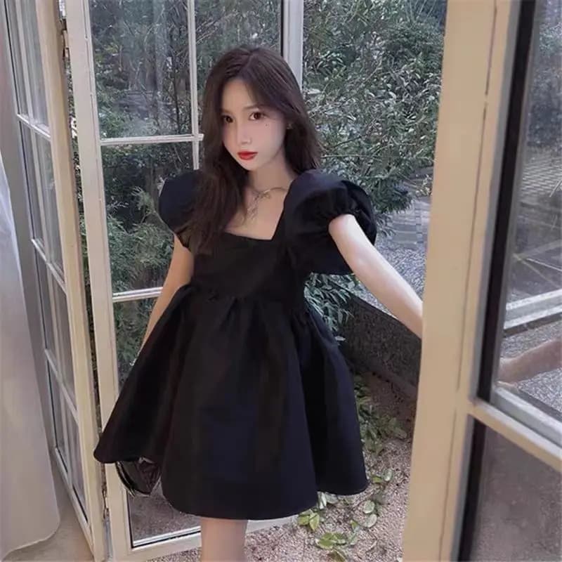 Mini robe de Rhà manches bouffantes pour femmes, robes de princesse noires douces, style français, t
