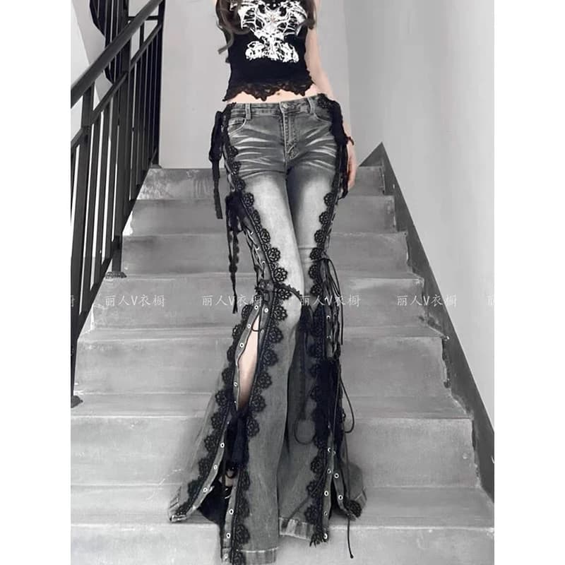 YIBASHU femmes Dark Academia Goblin Core Harajuku Y2K taille basse dentelle jean Abi Denim Flare pan