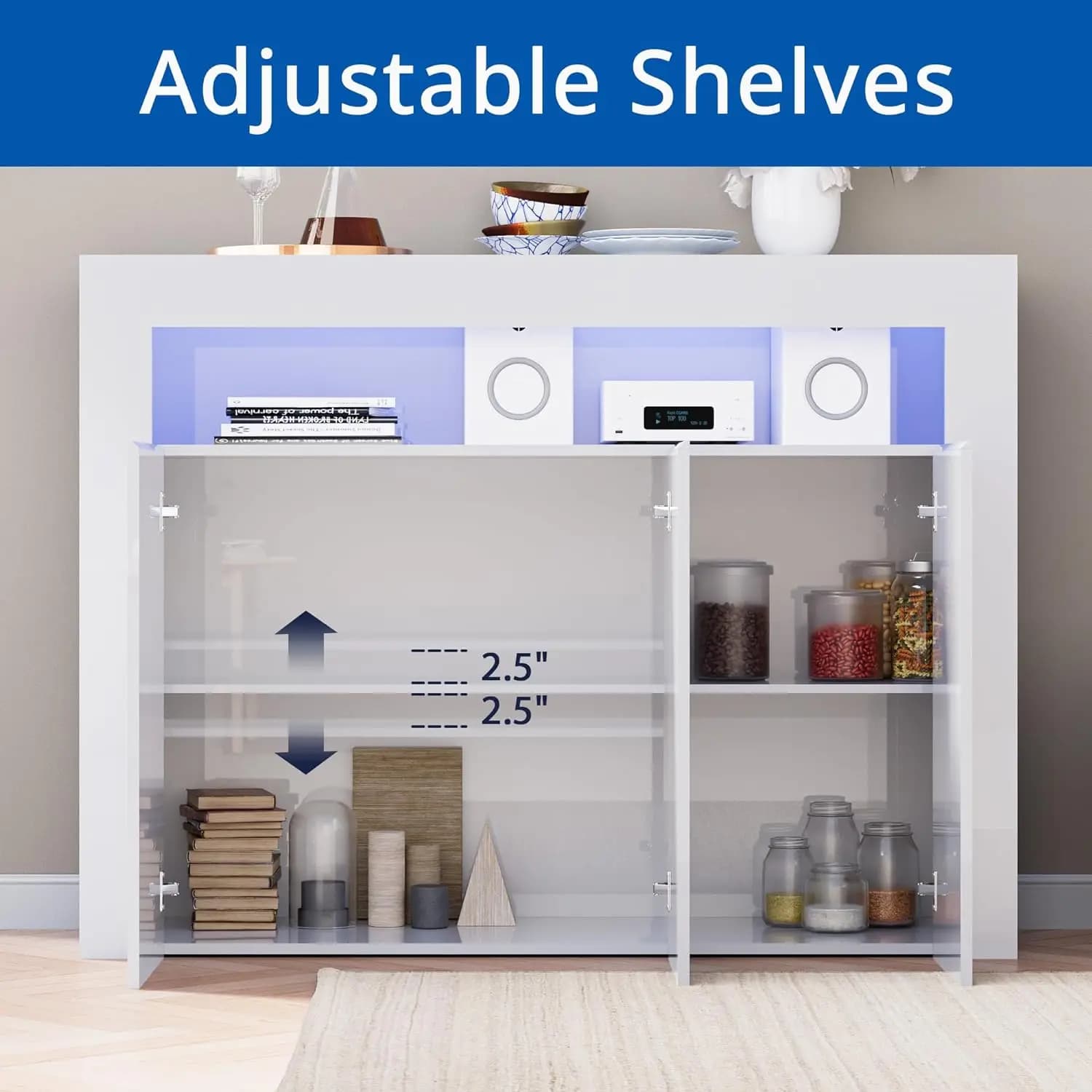 Armoire de rangement moderne blanche avec lumières LED, buffet à haute brillance, étagère réglable, 