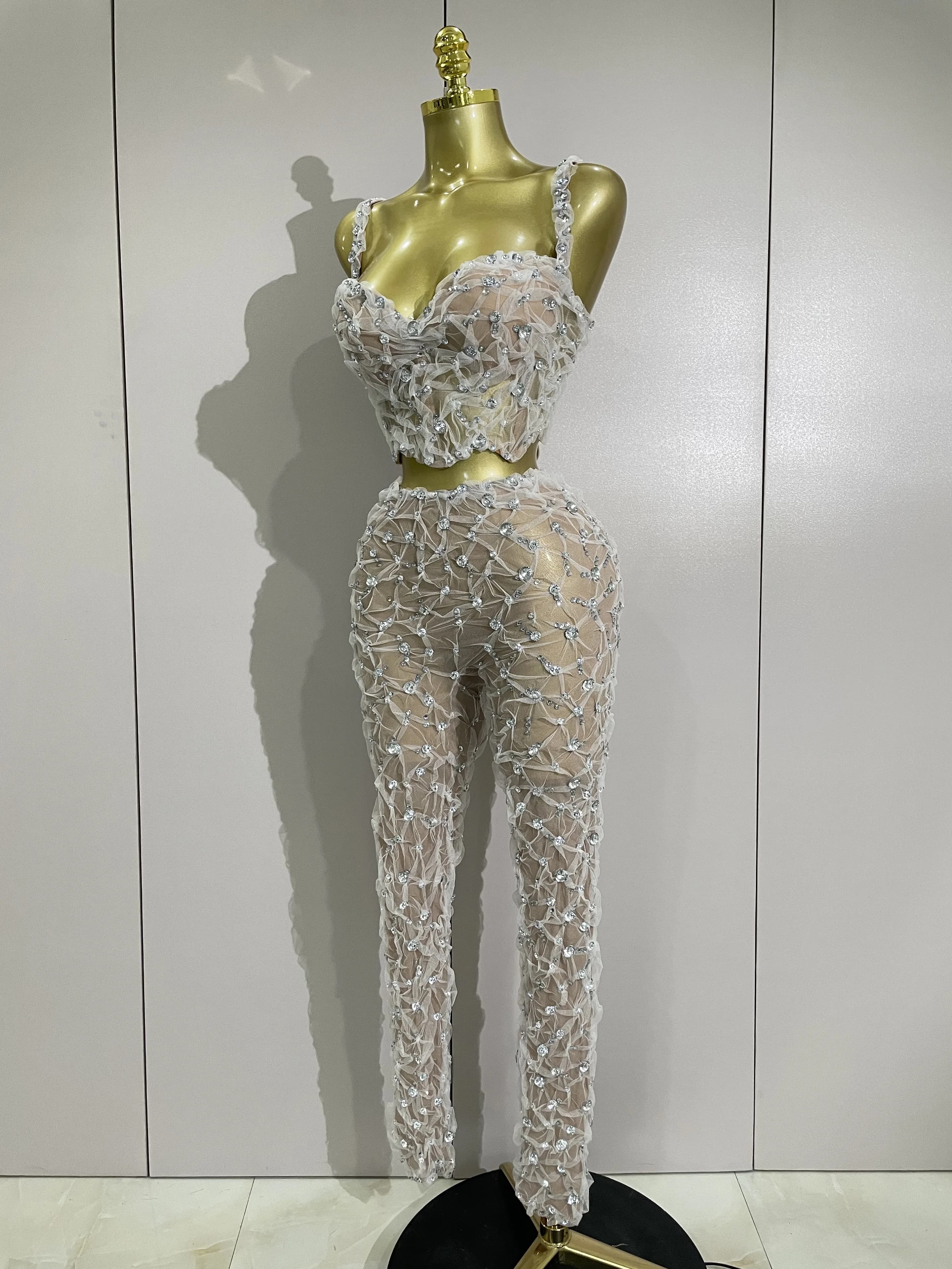 Ensemble deux pièces Sexy en dentelle pour femmes, haut à licou + pantalon Long, épissure de diamant