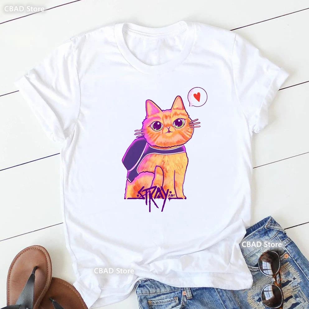 T-shirt imprimé graphique Stray Game pour femmes, vêtements pour femmes, t-shirt blanc drôle, chemis