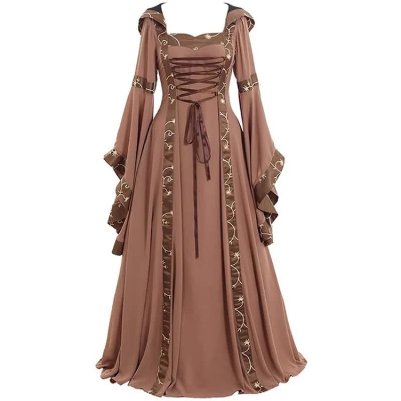 Robe maxi médiévale vintage à capuche, col carré, manches cloche, jupe évasée en dentelle