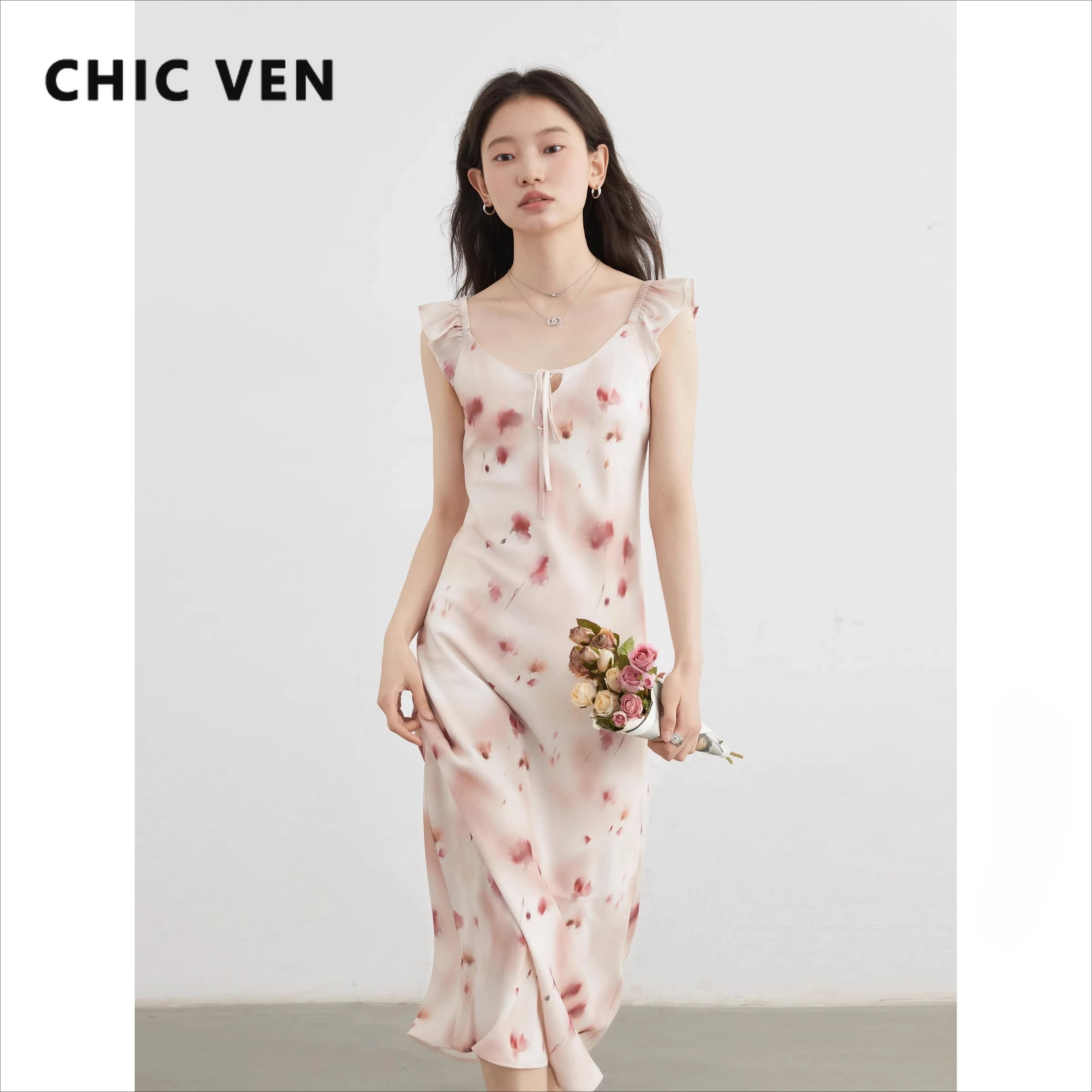 CHIC VEN femmes robes rétro mince décontracté nouveau col en U Halo imprimé petite sans manches long