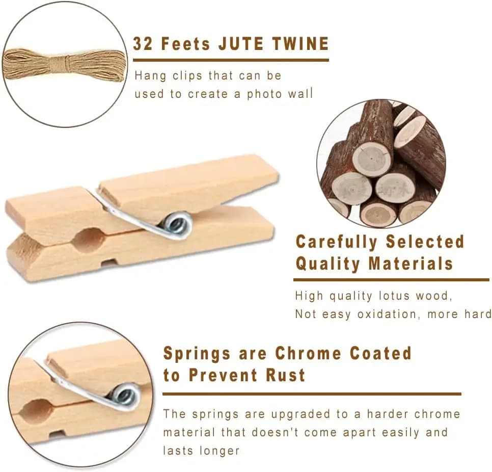 Mini pinces à linge en bois 10/20/50, petites pinces artisanales en bois de 1 pouce, corde de chanvr