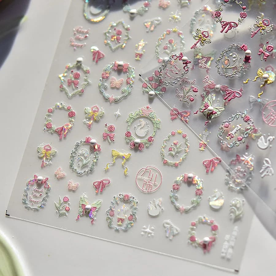 Autocollants pour ongles en cristal et diamant, mélange de fleurs de cygne rose, cadre papillon, aut