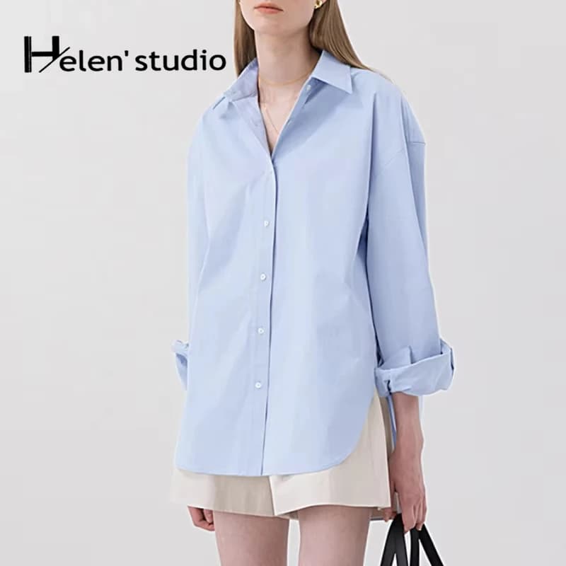 Chemise ample 100% coton pour femme, élégante et décontractée, col rabattu, manches longues