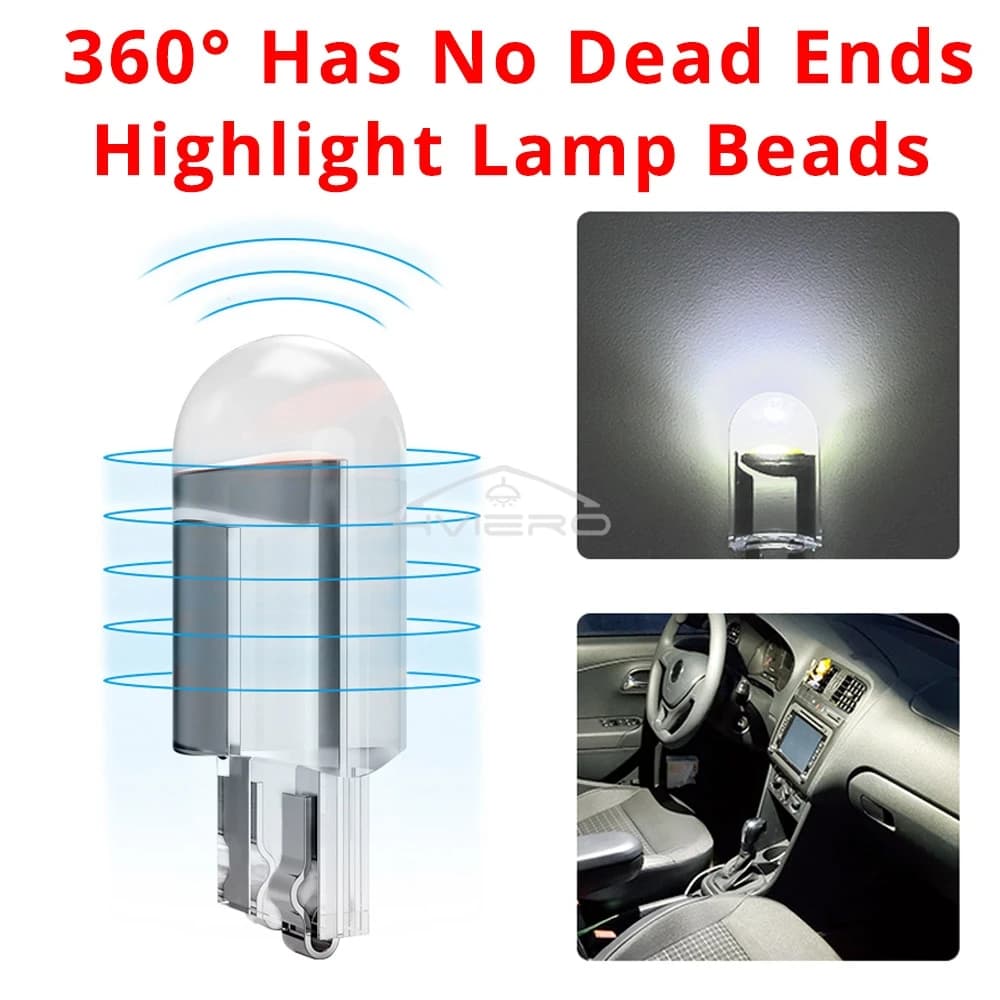 2 pièces W5W 194 T10 boîtier en verre Cob LED ampoule domestique 6000K cale plaque d'immatriculation