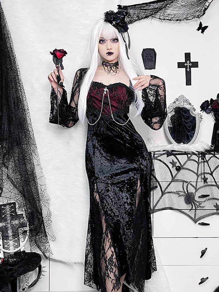 Goth foncé élégant centre commercial gothique femmes robes de soirée Grunge esthétique e-girl velour