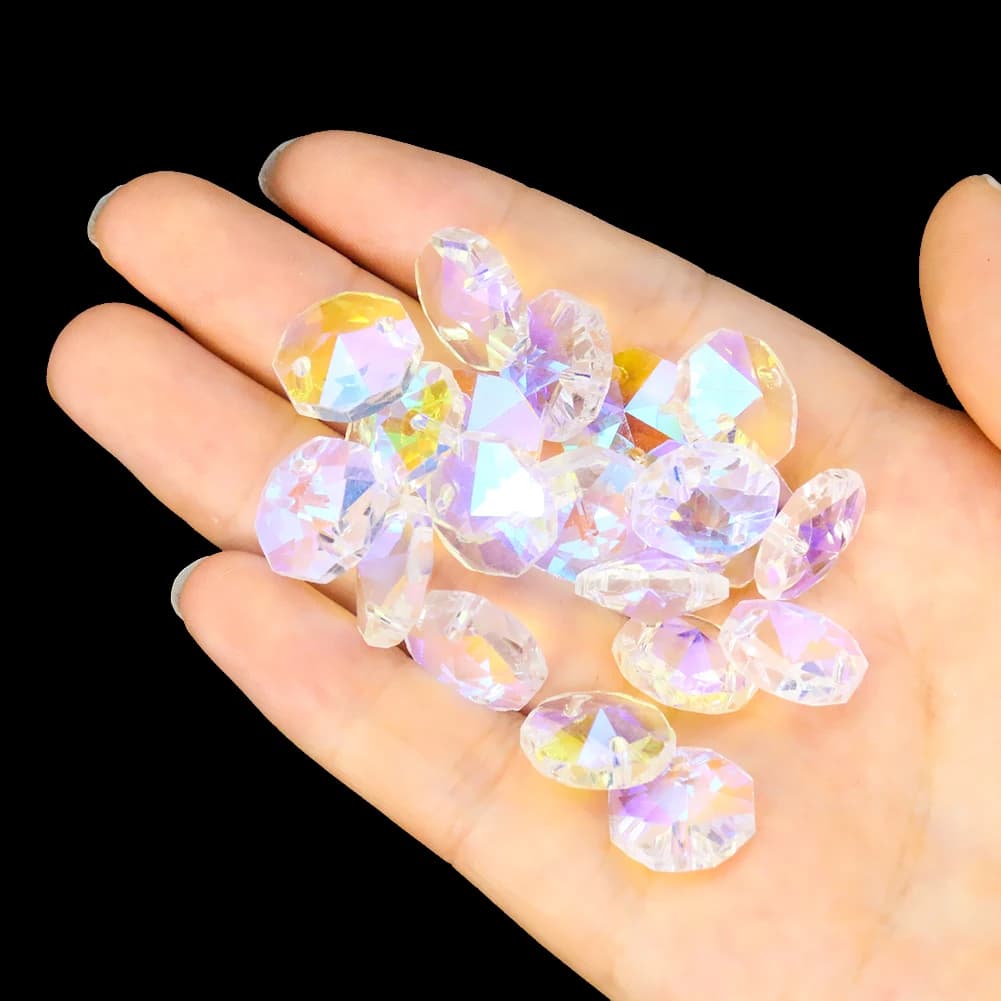 Perles octogonales en cristal, 50 pièces, 14mm, 2 trous, prismes, pièces de lustre, pendentif en ver