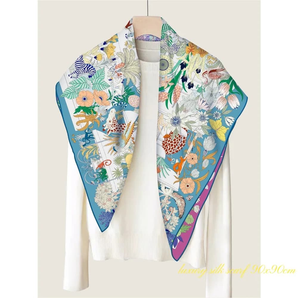 Grand Foulard Carré de Luxe à Bords Croisés pour Femme, Nouvelle Collection, Animal Paradis, Girafe,