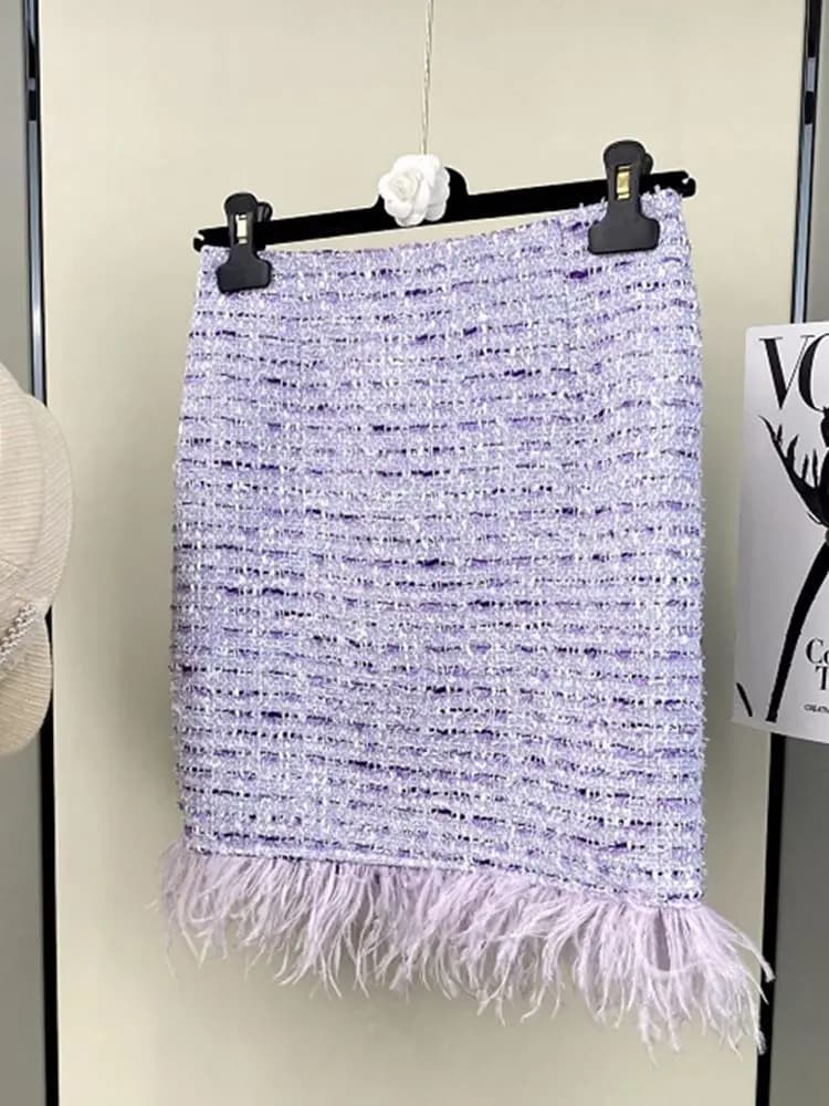 Violets élégants en tweed pour femmes, veste à pompon perlé en plumes à simple boutonnage, short tai