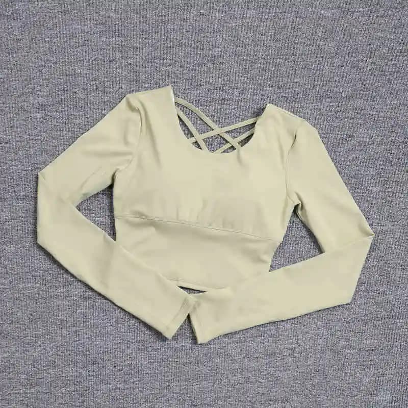 Dos creux pour femme avec soutien-gorge intégré, haut de yoga à manches longues, soutien-gorge une p