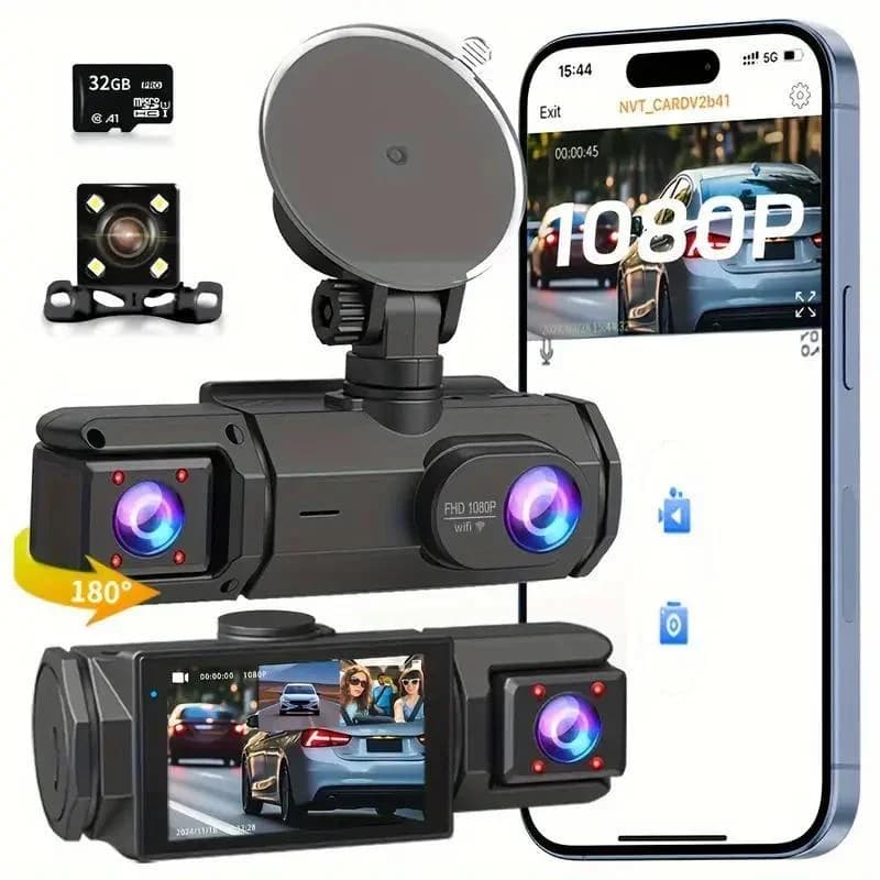 Caméra de tableau de bord 3Ch 360 pour voiture °   Caméra de tableau de bord WIFI 1080P pour voiture