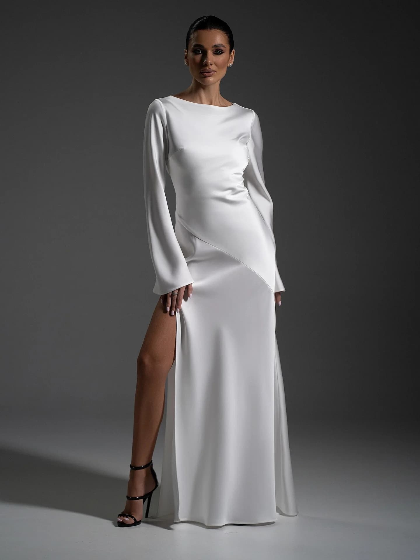 Robe de bal élégante en satin blanc avec fente haute, manches longues en taffetas, robe de mariée mo