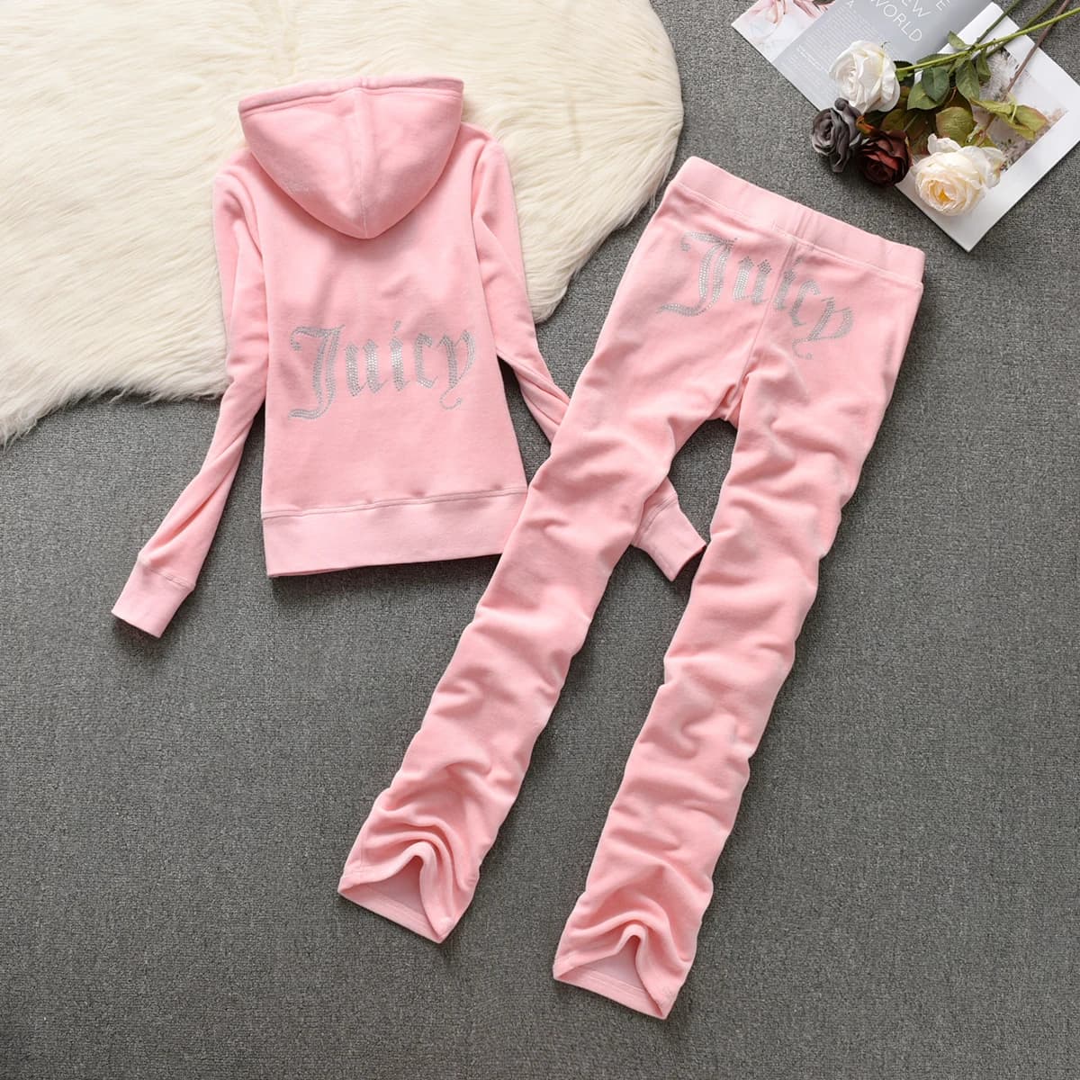 Ensemble de survêtement en velours 666 avec diamants 2026 pour femme – Veste à fermeture éclair et p