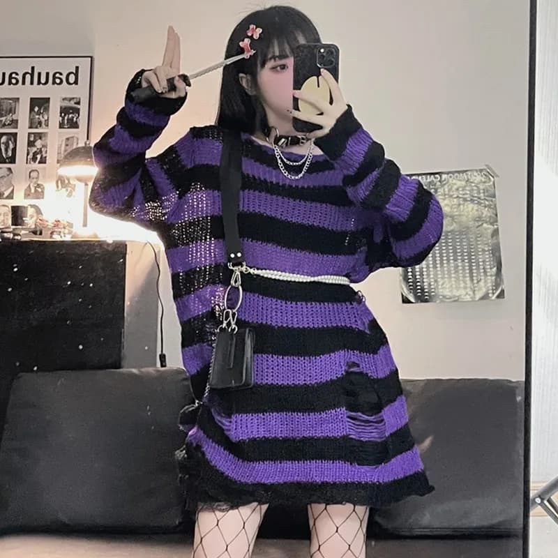 Karrram – pull Lolita gothique à rayures violettes, Style Punk, Harajuku japonais, ajouré, tricoté, 