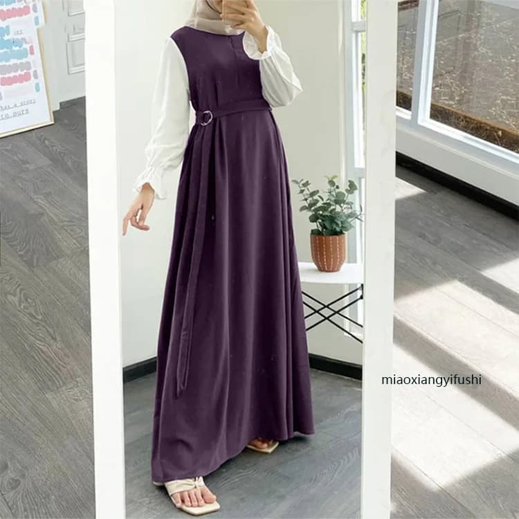 Robe Abaya à manches volantées pour femme musulmane col rond de haute qualité avec ceinture libre vê