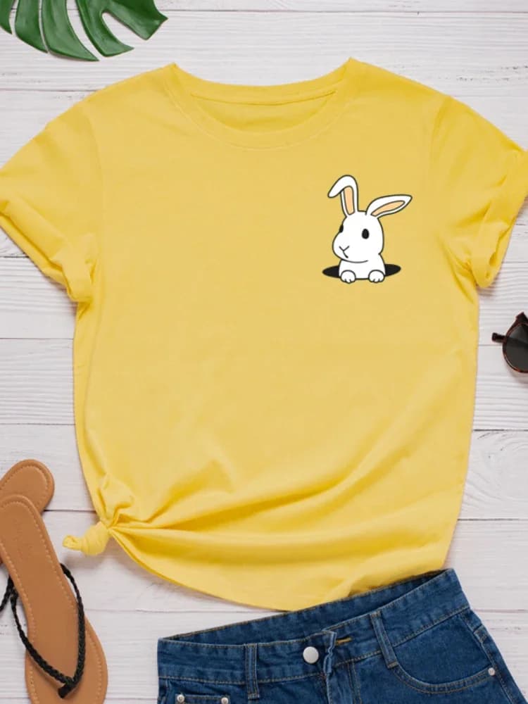 Poche lapin imprimer femmes t-shirt à manches courtes col rond lâche femmes t-shirt dames t-shirt ha