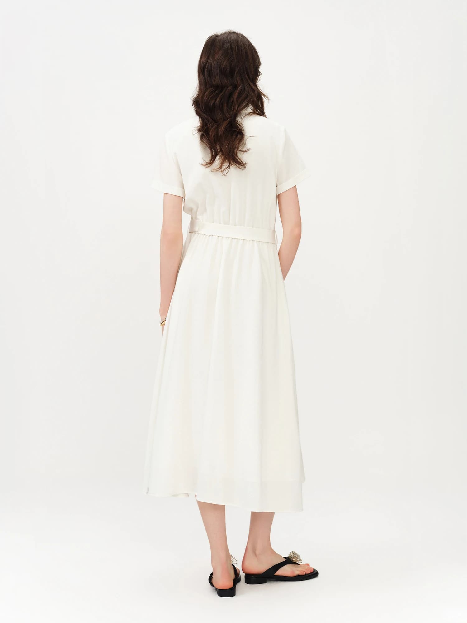 Robe d'été sophistiquée en lin à manches courtes pour femme FSLE 2026 - Coupe trapèze classique mi-l