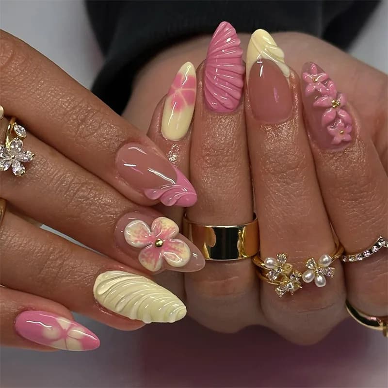 24 pièces amande faux ongles conseils été plage ongles colorés ensembles avec perle fleur conception
