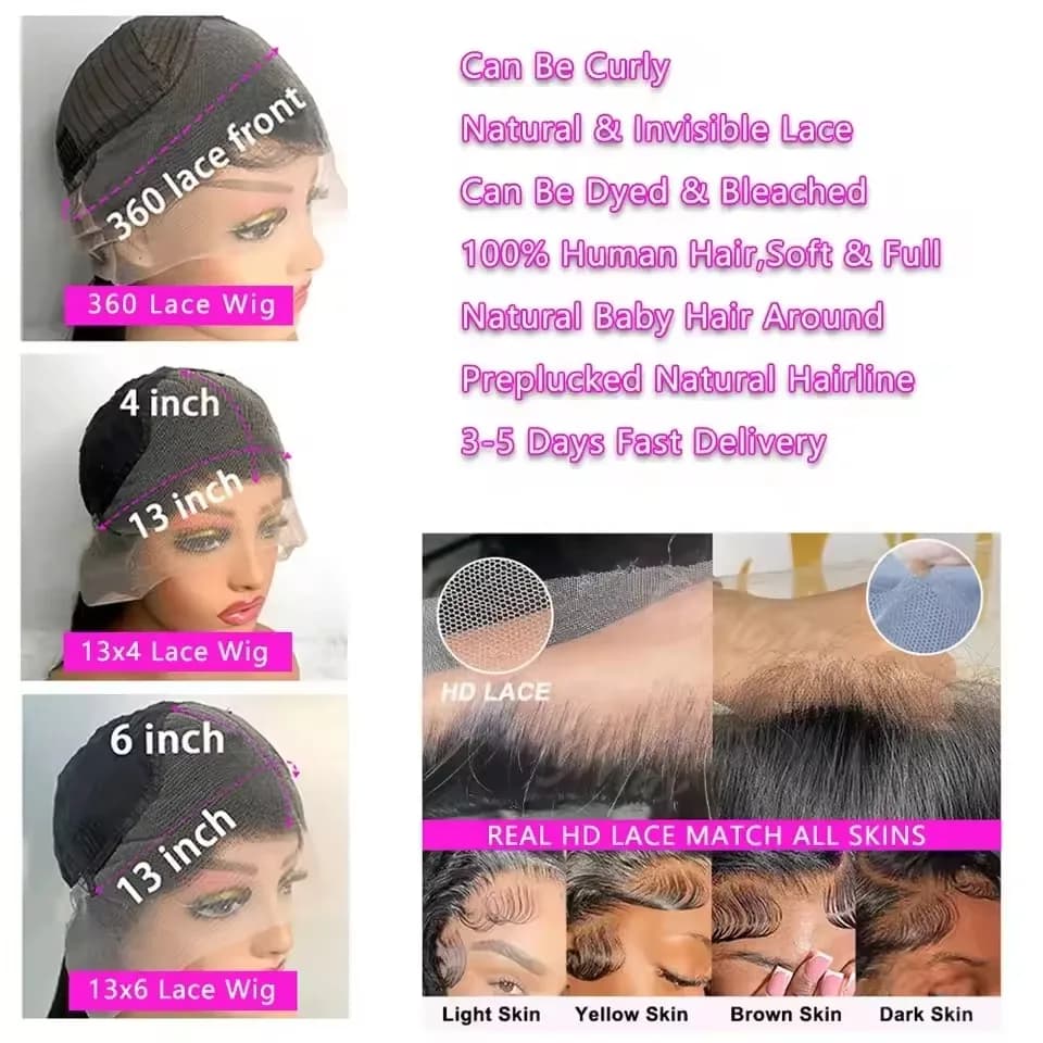 40 46 pouces vague profonde 13x6 13x4 dentelle avant perruque de cheveux humains 250% Remy Curl 360 