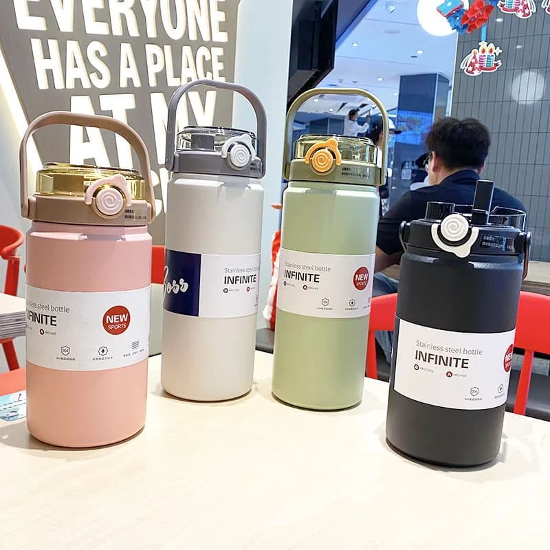 Bouteille d'Eau Thermique en Acier Inoxydable, Flcopropriété Sous Vide avec Paille, Gobelet Portable