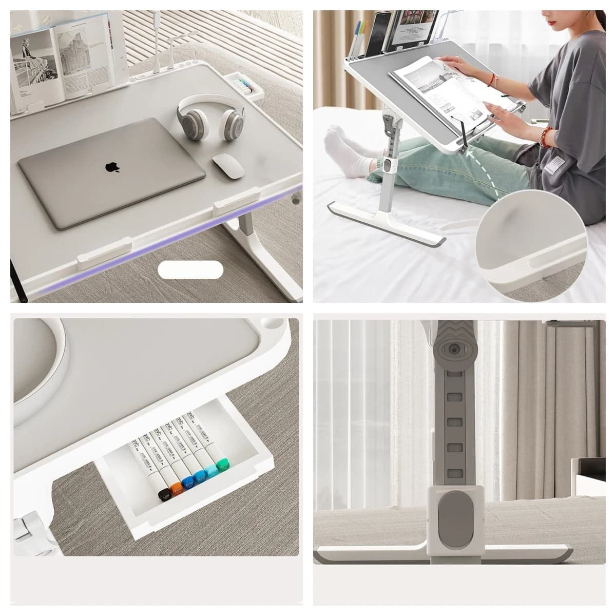 Table de lit réglable pour ordinateur portable, bureau portable avec tiroir de rangement, support pl