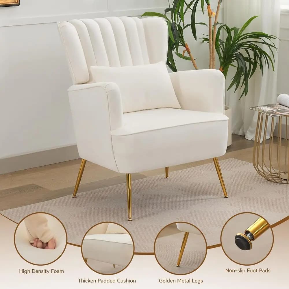 Fauteuil à oreilles blanc moderne du milieu du siècle, avec oreiller et pieds dorés, coussin de 8.5 
