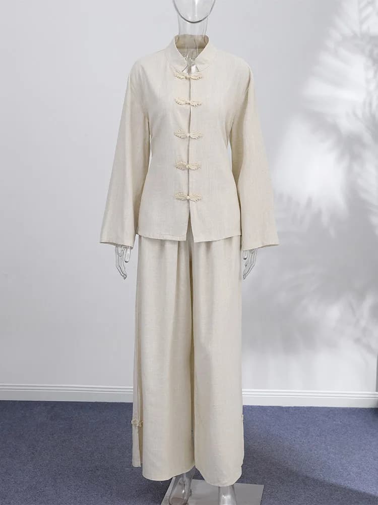 Ensemble 2 pièces mode femme en lin : haut ample à manches longues avec boutons grenouille et lacets