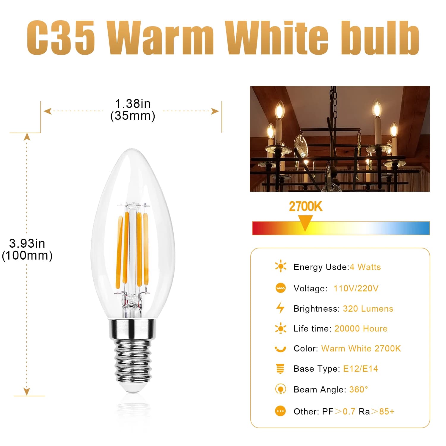 Ampoules LED C35 4W E12 E14 type bougie, équivalent 40 watts, dimmables, blanc chaud 2700K, pour lus