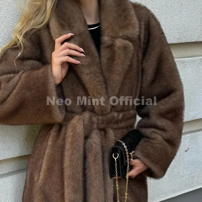 Neo Mint ceinturé fausse fourrure de vison manteau femmes 2025 hiver Beige dégradé fourrure veste de