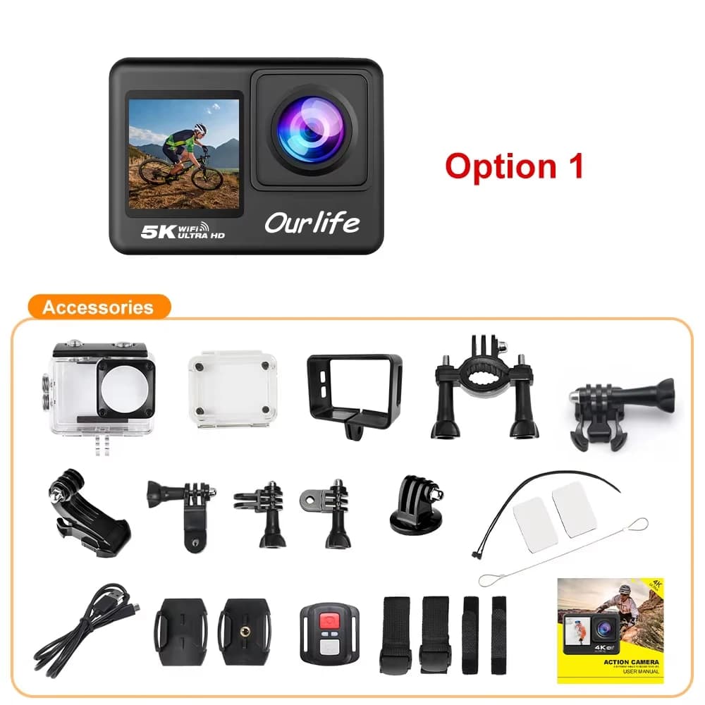 Caméra d'action Ourlife 5K 4K60FPS Écran tactile 2,0 pouces WiFi 170 ° Caméras de sport de motos d
