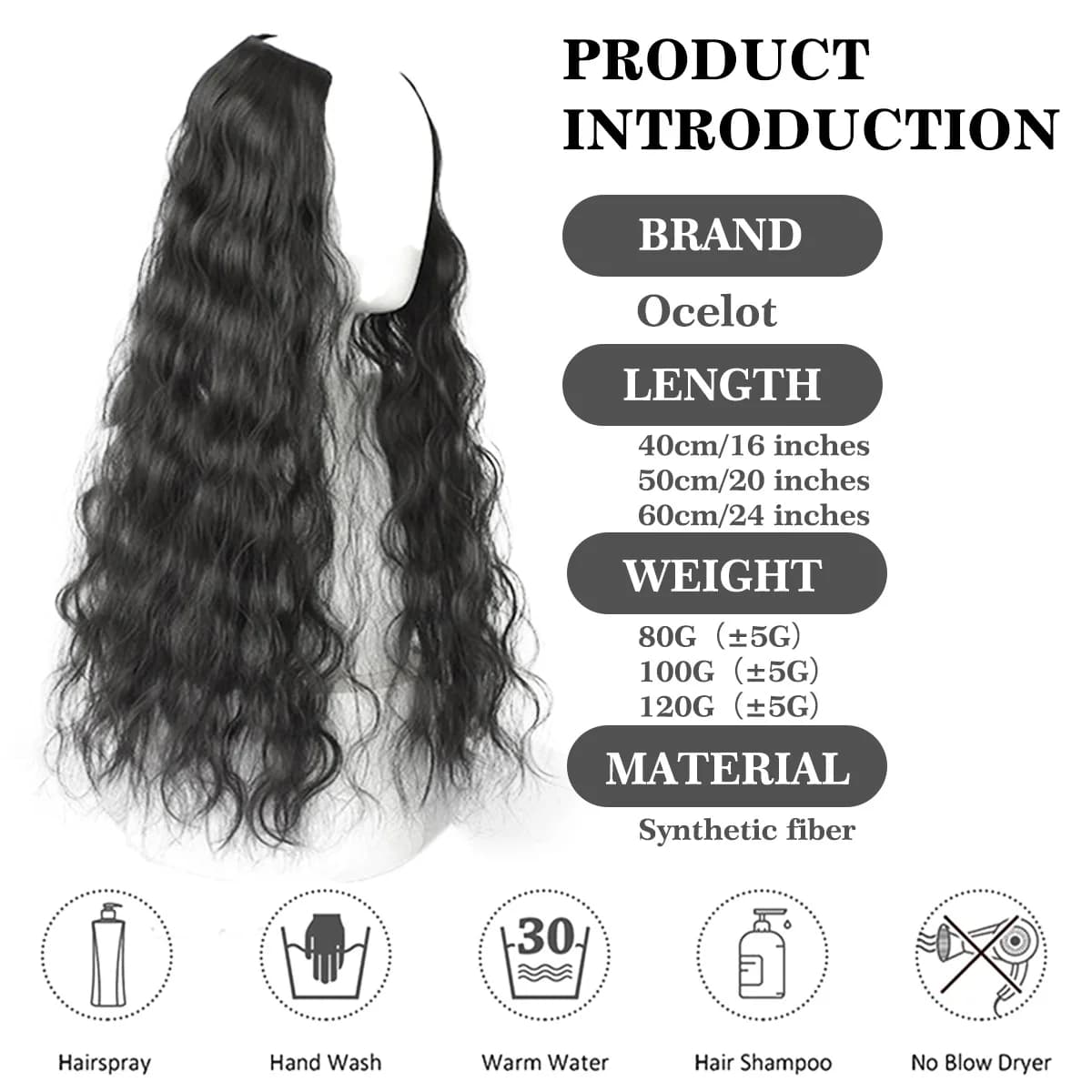 Ocelot 16-24 pouces synthétique ondulé extension de cheveux perruque naturel ondulation d'eau femmes