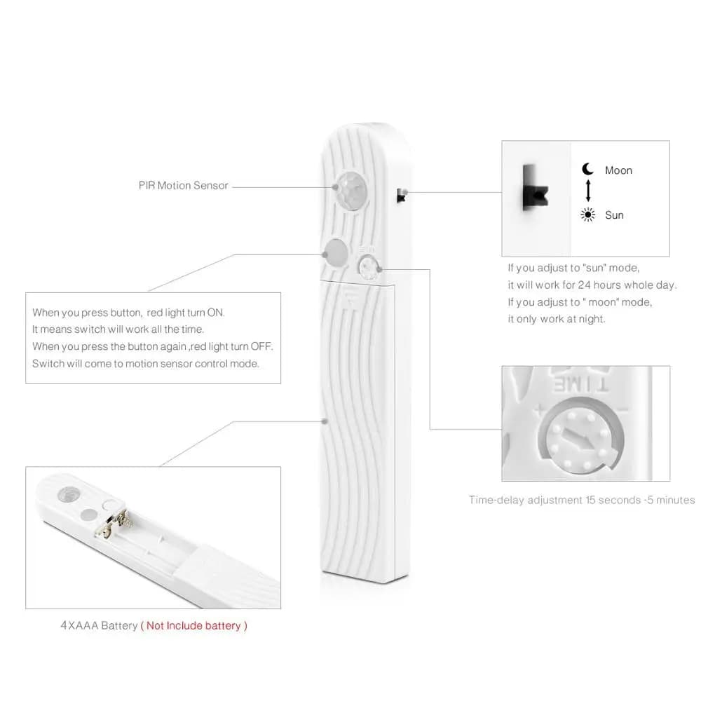 Bande lumineuse LED avec détecteur de mouvement PIR sans fil, pour armoire sous le lit, escaliers, p
