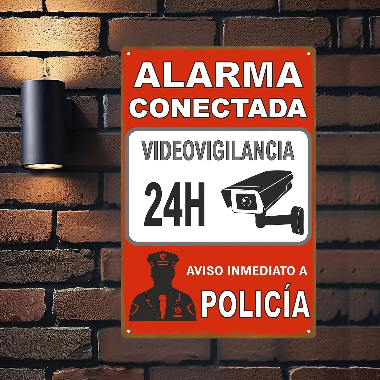 Panneau d'alarme de sécurité espagnol - Surveillance 24h/24 avec vidéosurveillance, fond rouge et ic