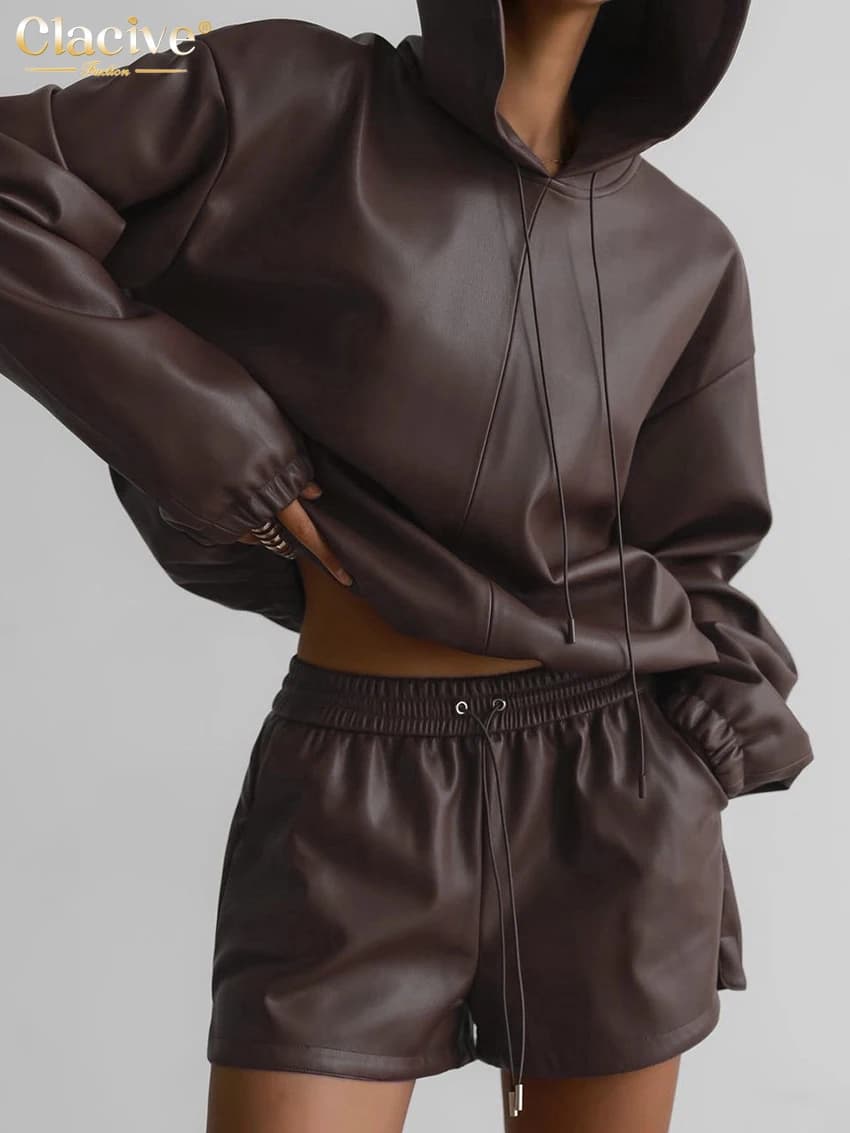 ClacMarkets-Ensemble 2 pièces en cuir PU marron pour femme, haut à capuche élégant, manches longues,